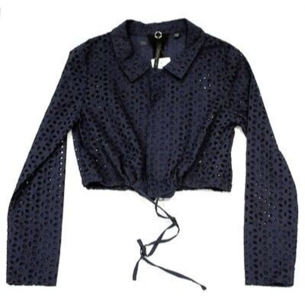 $145 POLECI Cropped JACKET Top BLUE Upper TIE Waist SHORT Holed FLORAL Cotton